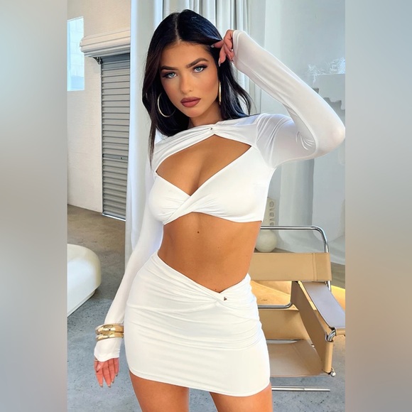 Thats So Fetch Dresses & Skirts - Thatssofetch White Cut-Out Long Sleeve Crop Top and Skirt Set